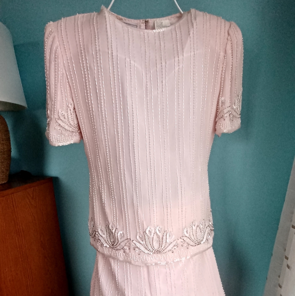 Gorgeous Stenay Vintage/Retro Beaded Pink Silk Skirt & Top Set - Women's Size P8